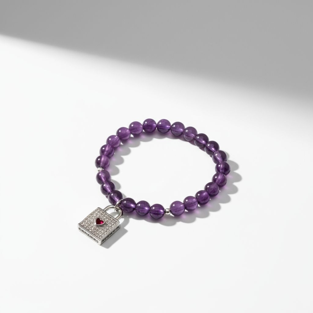 Divine Protection Bracelet, 6 mm Amethyst with Lock Charm
